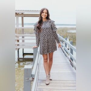Simply Southern Leopard Print Long sleeve Ruffle Dress Size XL, New with Tags